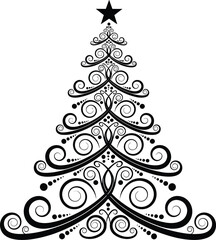 Elegant Christmas Tree Silhouette Vector with Swirl Ornaments and Star Topper Black Holiday Icon for Xmas Decoration Greeting Card and Celebration