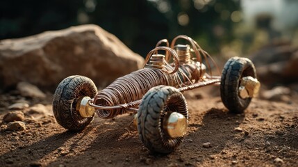 Fototapeta premium Handmade Wire Toy Car Crafted From Bent Metal And Recycled Materials Resting On Dusty Earth 