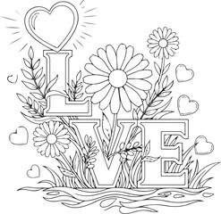 Love word art with blooming flowers, leaves and hearts, romantic nature scene on transparent background