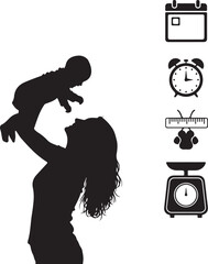 Mother holding baby silhouette with icons representing birth statistics like date time height and weight for nursery
