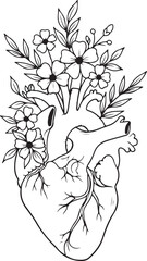Anatomical human heart with blooming flowers and leaves growing from arteries for medical and artistic illustration