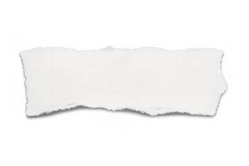 Torn paper piece with textured ripped edges, blank rectangular shape, white parchment banner element on transparent background