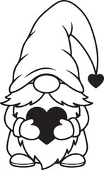 Cute valentine gnome outline with heart hand drawing cartoon character vector line art design simple illustration