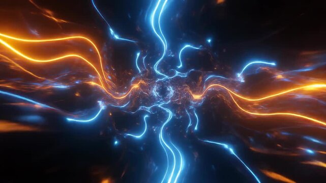 Vibrant blue and orange glowing plasma waves swirling in darkness, possibly used for scientific or technological illustration