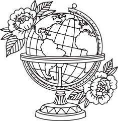 Globe with roses vector outline, botanical line art drawing, hand drawn world map isolated on transparent background