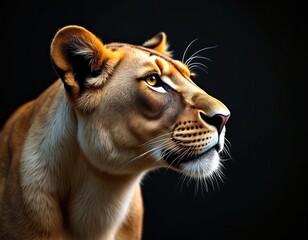 Naklejka premium Lioness profile headshot. Fierce feline stares intently, showing detailed fur texture and amber eye. Wild predator poised calmly in darkness, representing raw strength and elegance.