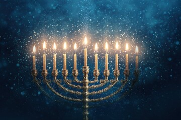 Naklejka premium Hanukkah menorah with lit candles, glowing, blue background