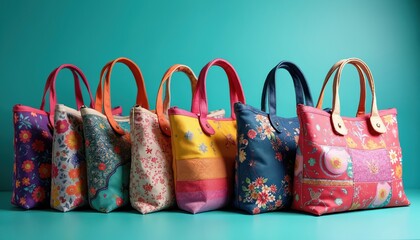 Collection of vibrant, colorful tote bags arranged in row. Bag features unique floral, patchwork, patterned designs. Stylish accessories perfect for shopping everyday use, adding pop of color.