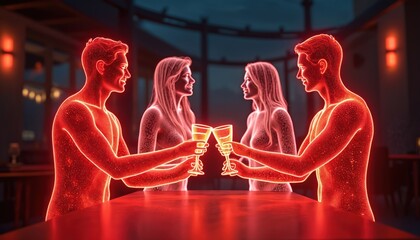 Two couples celebrate with cocktails at a vibrant party. They raise glasses for a toast, enjoying the festive atmosphere. People connect and share moments of joy.