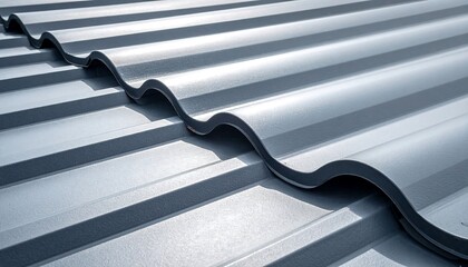 Close-up of a corrugated, metallic surface, showing wave-like patterns and subtle reflections of light, creating an abstract texture