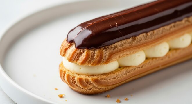 Delicious eclair with chocolate glaze and creamy filling on plate
