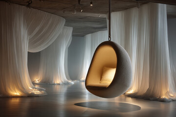 Abstract Minimalist Interior Design Featuring Sculptural  boucl? chair Hanging Pod