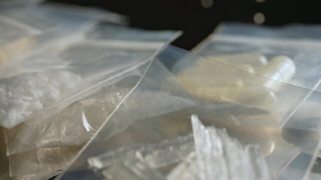 Fentanyl type opioid drugs display in small packages in powder crystals and capsules form. This drugs causing the most severe crisis in the world. Synthetic opioids, Fentanyl, Nitazenes, heroin.