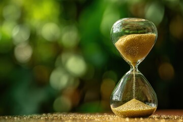 Hourglass on a golden surface with blurred green background
