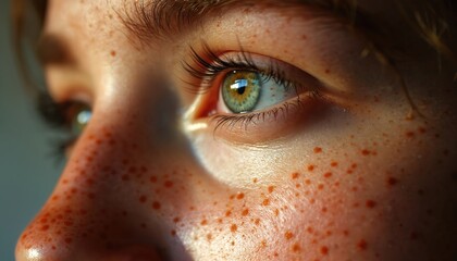 Macro view shows green eye with long lashes, natural freckled skin. Fair complexion person looks away, showing detailed facial texture. Youthful face captures light with warmth, subtle expressions.