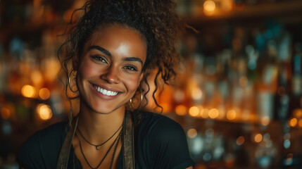 Obraz premium <Cheerful Mixed-Race Woman Bartender with Curls and Colorful Necklace Enjoys the Nightlife in Bar Atmosphere - Joyful Portrait of Vibrant Personality in Hospitality and Socializing Setting>