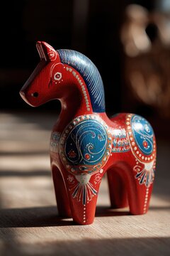 Red Wooden Dala Horse Figurine Showing Scandinavian Craftsmanship Texture And Cultural Tradition
