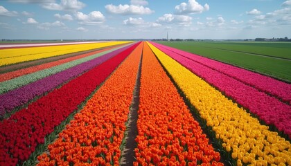 Vast rows of colorful tulips stretch across land in a vibrant display. Orange, red, yellow, pink, and purple flowers create striped patterns under a bright blue sky with white clouds.