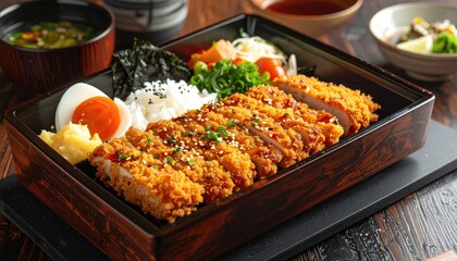 Japanese bento box with tempura cutlet, rice, egg, and small dishes