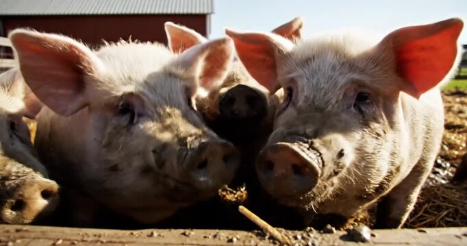 Group of curious pigs in a sunny farmyard, exploring their surroundings in a rural setting