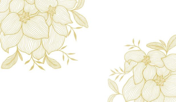 Golden flower line pattern. Vector gold floral frame. Floral hand drawn luxury art. Luxury spring floral design. Luxury illustration for decoration, banner, background, package. 