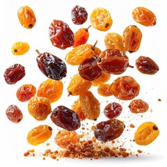 Scattered dried fruit on white, varied colors, close-up, some with crumbs