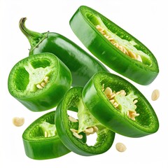 Fresh green pepper, whole and sliced, with seeds scattered, against white