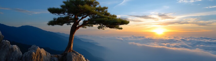 Fototapeta premium Majestic Tree on Rocky Cliff Overlooking Sunset and Cloudy Valley Landscape