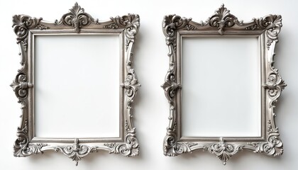 Two antique silver ornate picture frames stand side by side. These decorative borders have intricate floral carvings. Elegant frames await artwork or photos.