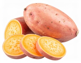 Freshly cut and whole root vegetables against a clean white background
