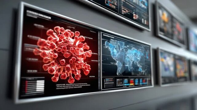 Surveillance screens displaying information : A montage of surveillance screens, each displaying different streams of information. It showcases an array of data, global maps, and technical interfaces.