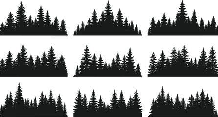 Pine Forest Silhouette Vector Collection Set of Coniferous Tree Horizons Black Evergreen Fir Timber Icons for Wild Nature and Adventure Design © ROJUFA