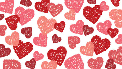 クレヨンタッチのかわいいハートをちりばめた背景素材/レッド