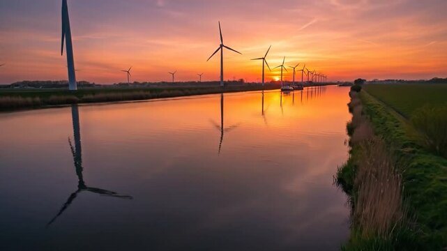 Wind turbines reflecting sunset on calm Belgian canal.