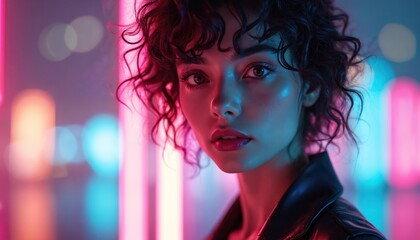 Woman with curly hair in leather jacket against abstract neon lights. Futuristic woman posing in vibrant pink and blue glow. Cyberpunk aesthetic with 80s retro style.