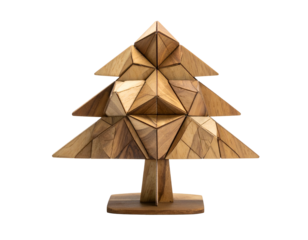 Geometric wooden tree sculpture with faceted panels
