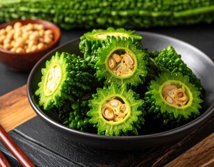 A bowl of sliced bitter melons, soybeans, and chopsticks on a table