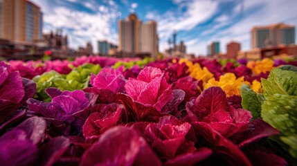 Vibrant colorful ornamental cabbages and flowers on a rooftop garden with cityscape and tall