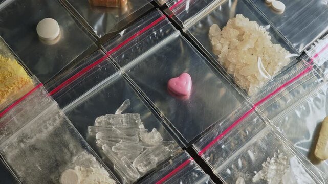 Pink heart shaped pressed pill ecstasy MDMA display, along with Fentanyl type opioid drugs in small packages, this drugs causing the most severe crisis in the world. Synthetic opioids Nitazenes.