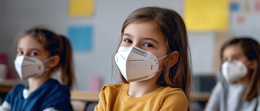 Young Girl Wearing Protective Face Mask in Classroom with Classmates During School Activities - Powered by Adobe