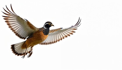 Obraz premium Male bobwhite quail flies with wings spread wide, detailed brown, black plumage. Wild bird isolated on clean white background, perfect for graphic design elements, educational materials.