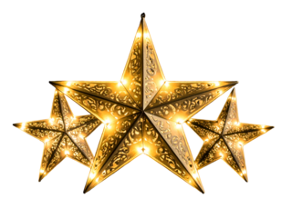 Three illuminated ornate golden stars on black