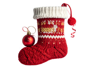 Red knit stocking with festive fair isle pattern, ornament, pompom