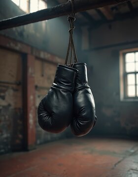 Black leather boxing gloves hang in a dusty old gym. Rugged walls and dim light create a gritty atmosphere. Gloves symbolize fighter spirit, strength, and intense training. Ready for combat.