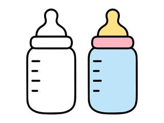 Simple baby bottle illustration with a colored version and an outline version, cute and minimal style suitable for icons, stickers, baby graphics, kids content, and coloring pages.