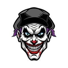 Fototapeta premium Joker, Evil buffoon in a cap with a skull face. Vector tattoo illustration. 