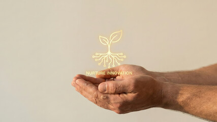 Hands plant logo nurture innovation high level planning care concept hope growth support sustainability future vision minimal design
