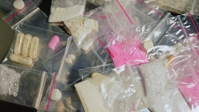 Fentanyl type opioid drugs display in small packages in powder crystals and capsules form. This drugs causing the most severe crisis in the world. Synthetic opioids, Fentanyl, Nitazenes, heroin.