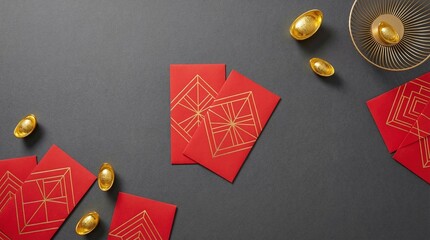 modern lunar new year flat lay with red envelopes and gold ingots