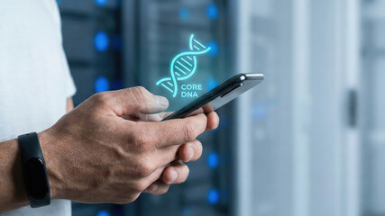 High tech level mobile planning with digital dna concept glowing over smartphone in male hand near data server background futuristic mood